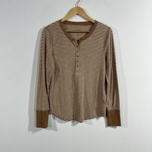 Gap Granola Fisherman Rib Henley Brown White Striped Top Womens Medium Boho